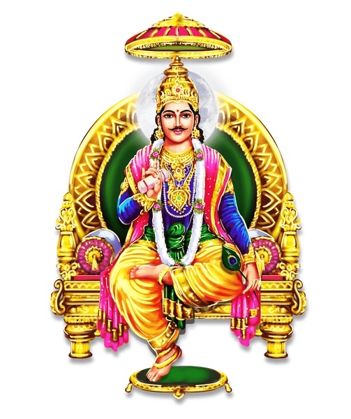 Shri Chitragupta ji Maharaj seated on a throne, holding a pen